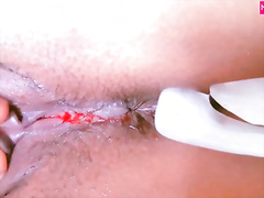 Home-Made Ice Cube Vibrator. Playing Hard with Stepsister's Vagina until it Pees